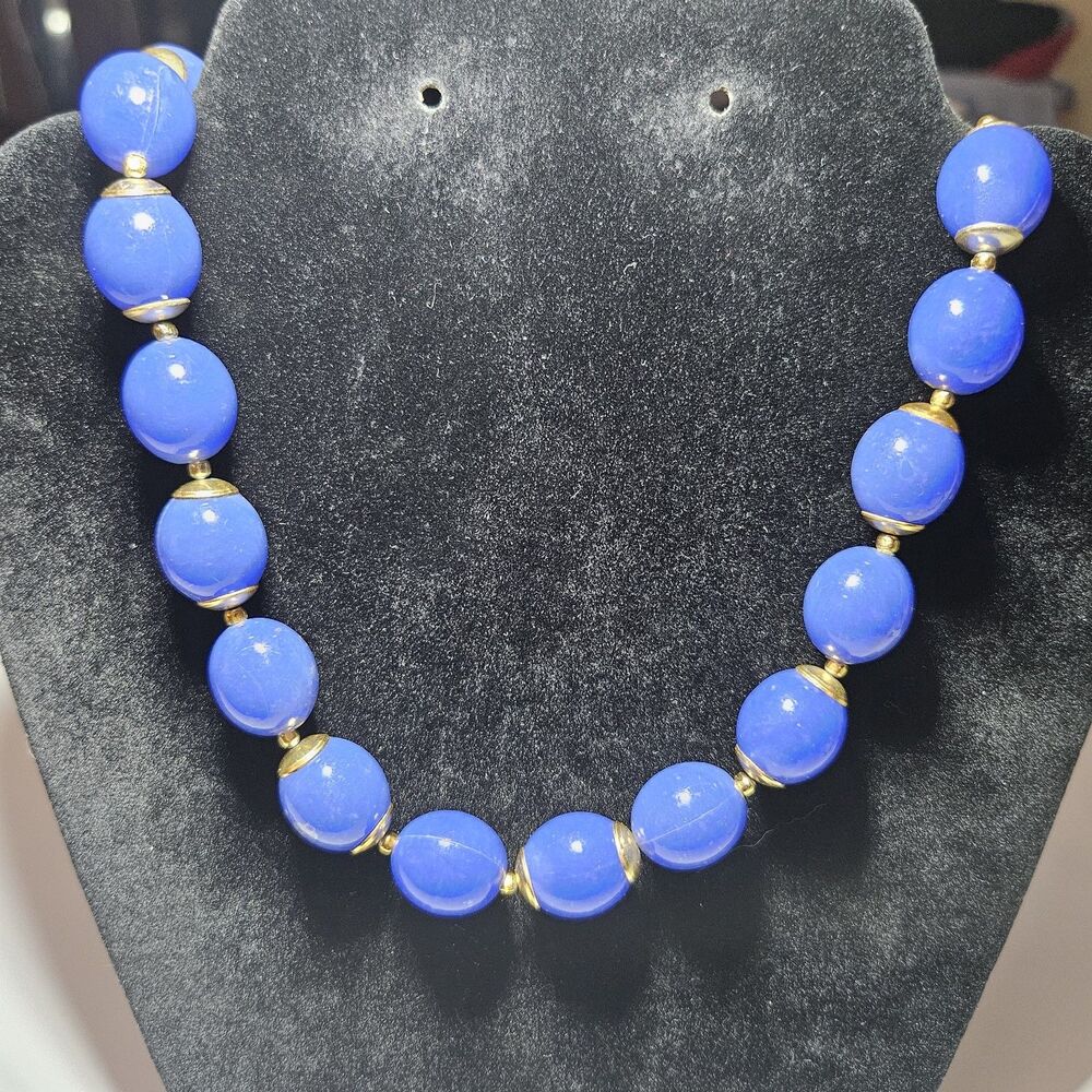 Vintage Gold Tone Electric Blue Chunky Beaded Necklace Signed HONG KONG 25"
